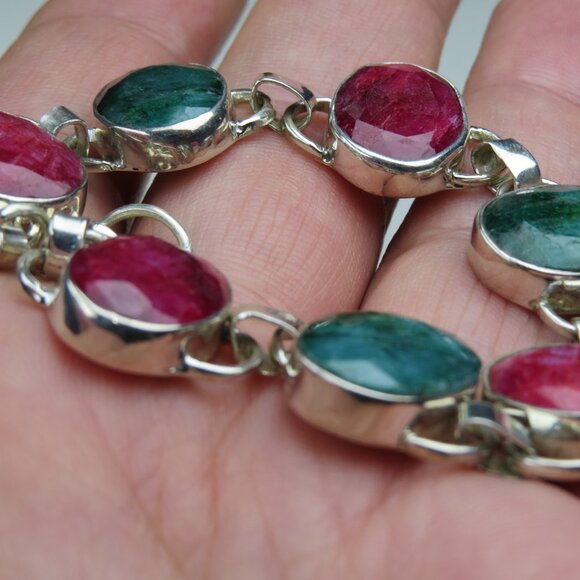 Emerald & Ruby Massive Bracelet Sterling Silver 7" & 8"